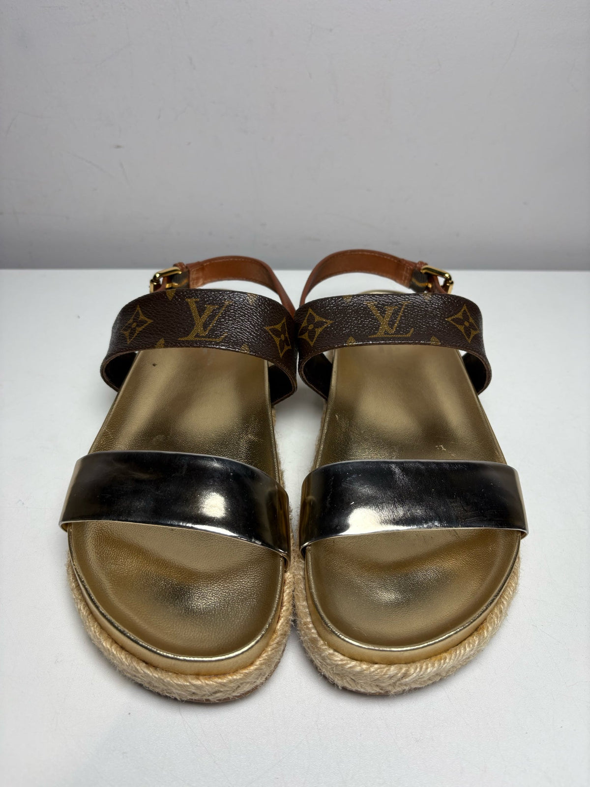 Gold, Brown Women's Shoe Size 37 Louis Vuitton Odyssey Gold Brown Leather Authentic Pre-Owned Espadrille Sandals