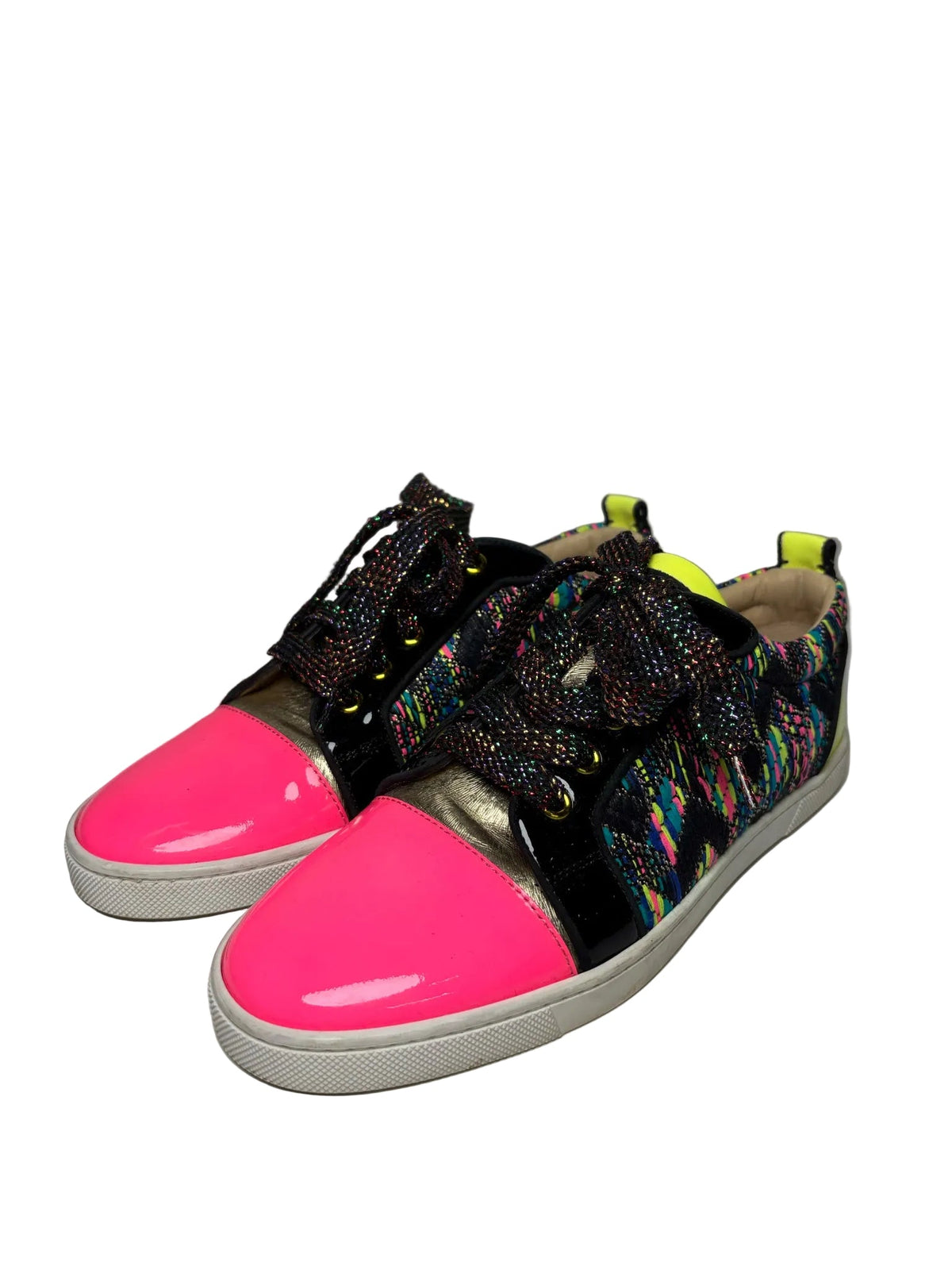 Christian Louboutin black and multicolor sneakers with a shiny pink toe cap.