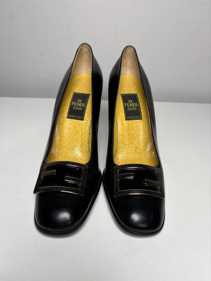 Black Women's Shoe Size 7.5 Fendi Black Leather Vintage Authentic Pre-Owned Heels