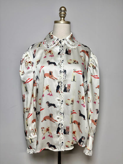 8 Women's Size 8 Manoush Cream Black & Orange Dog Print Pre-Owned Blouse