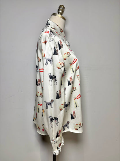 8 Women's Size 8 Manoush Cream Black & Orange Dog Print Pre-Owned Blouse