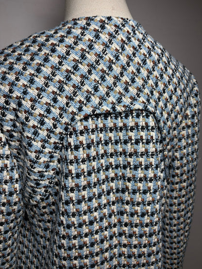 Women's Size 8 St. John Blue Metallic Italian Textured Tweed Pre-Owned Long Jacket - VIDA STYLE SHOP