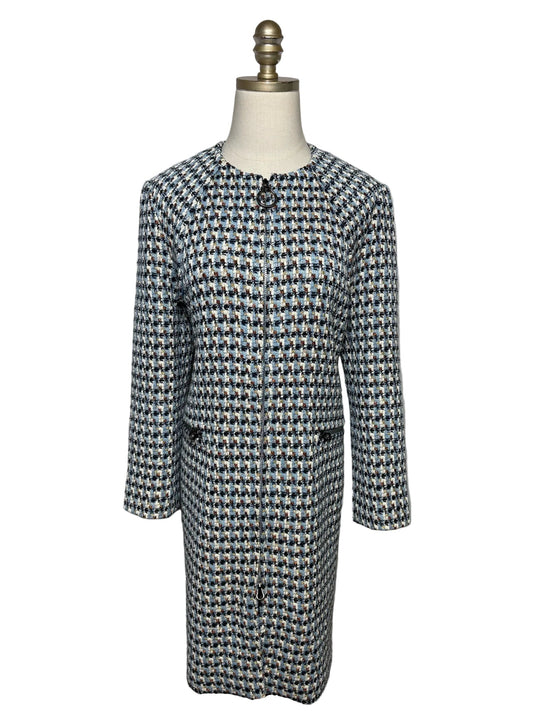 Blue and white St. John jacket with front zipper.