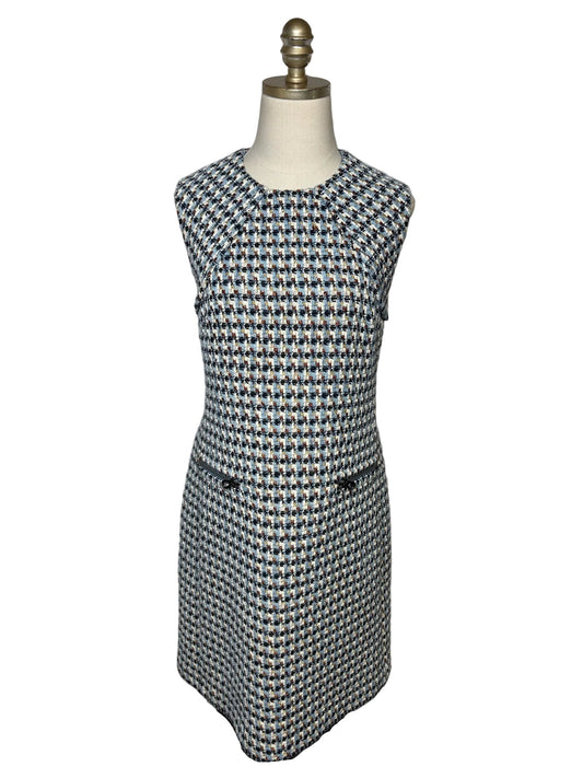 Blue and white St. John dress with two zipper pockets.