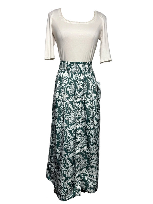 Women's Size L Tibi Green & White Batik Print Recycled Nylon Pre-Owned Full Skirt - VIDA STYLE SHOP
