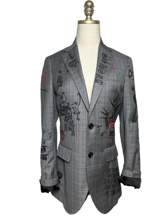 Women's Size S R13 Gray Black Plaid Embroidered Pure Wool Pre-Owned Jacket Blazer - VIDA STYLE SHOP