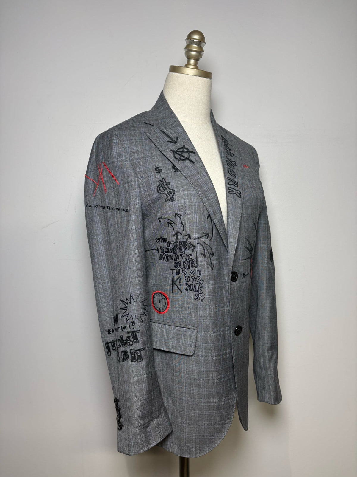 S Women's Size S R13 Gray Black Plaid Embroidered Pure Wool Pre-Owned Jacket Blazer
