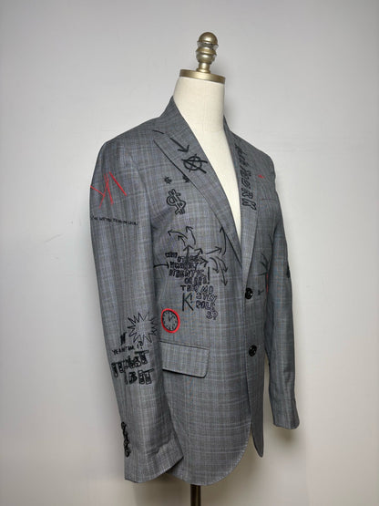 S Women's Size S R13 Gray Black Plaid Embroidered Pure Wool Pre-Owned Jacket Blazer
