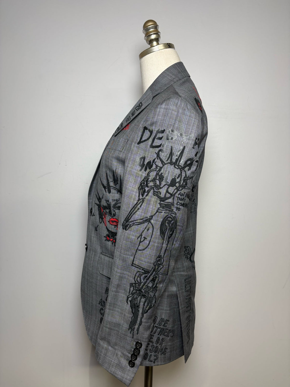 S Women's Size S R13 Gray Black Plaid Embroidered Pure Wool Pre-Owned Jacket Blazer