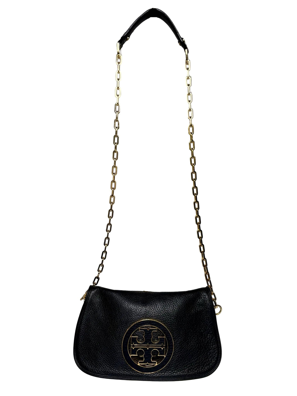 Women's Tory Burch Black Pebble Leather Gold-Tone Logo Pre-Owned Small Purse