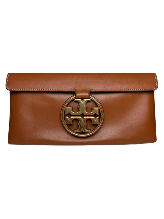 Brown Tory Burch Clutch with a large classic gold metal Tory Burch logo in the middle