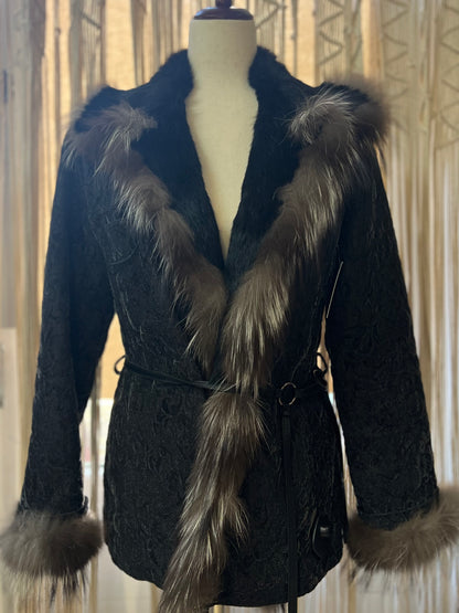 Women's 22 Maggio Maria Grazia Black Fox Trim Coat Sz Small