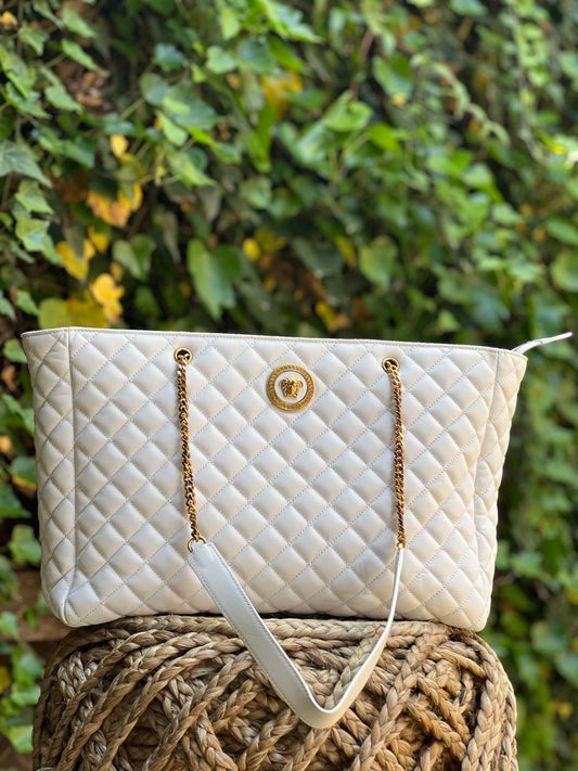 Versace White Napa Leather Quilted Tote Bag